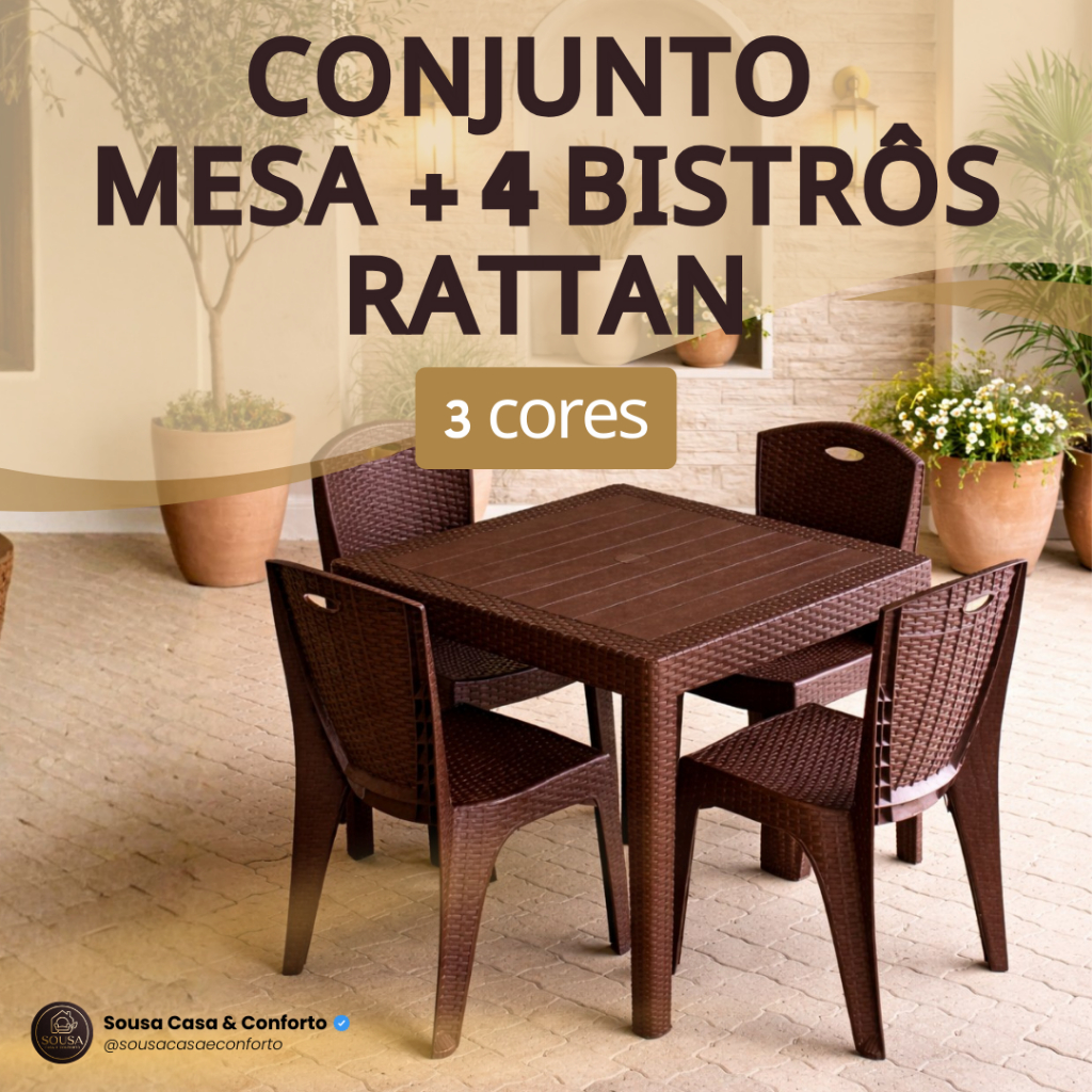 Conjunto Mesa Quadrada Com 4 Cadeiras Bistrô Rattan