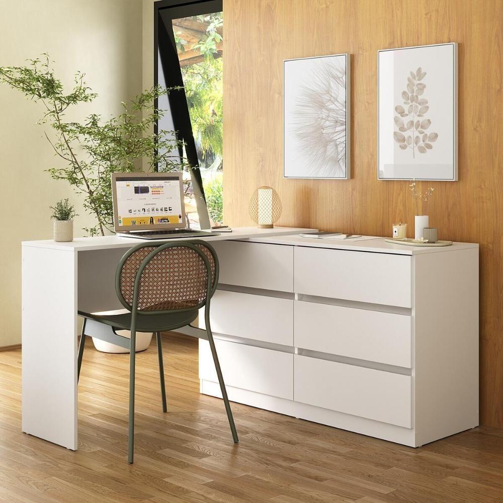 Escrivaninha Em L 120Cm Com 6 Gavetas