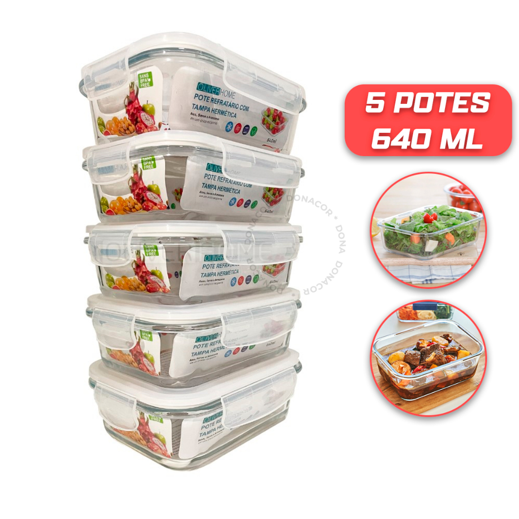 Kit 5 Potes De Vidro 640 Ml Hermético Com Tampa 4