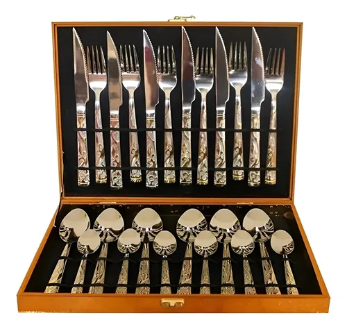 Kit Faqueiro Maleta Dourada 24 Peças Inox Com Dourado