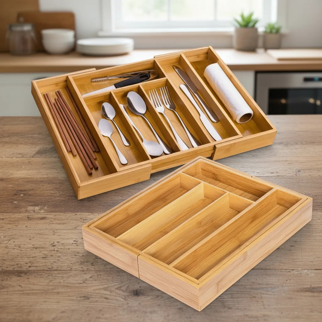 Porta Talheres De Bambu Extensível Com 7 Divisórias Ajustáveis